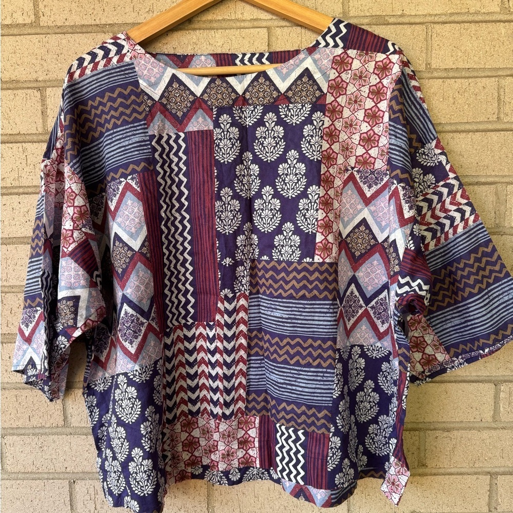 J. Jill Organic Cotton Patchwork Lightweight Boho Artsy Dolman Top Small